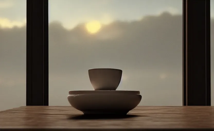 Image similar to a cup of coffee on a cafe table near a window with view to the sunrise, concept art, octane render, unreal engine 5, trending on artstation, high quality, highly detailed, path traced, high coherence, hyperrealistic, godrays, serene scene, soft lighting, macro photo