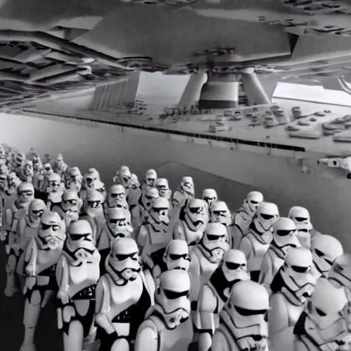 Prompt: stormtrooper army going inside star destroyer ship, long camera shot, ww2