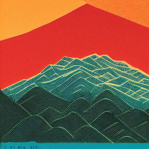 Image similar to a risograph of an beautiful mountain landscape