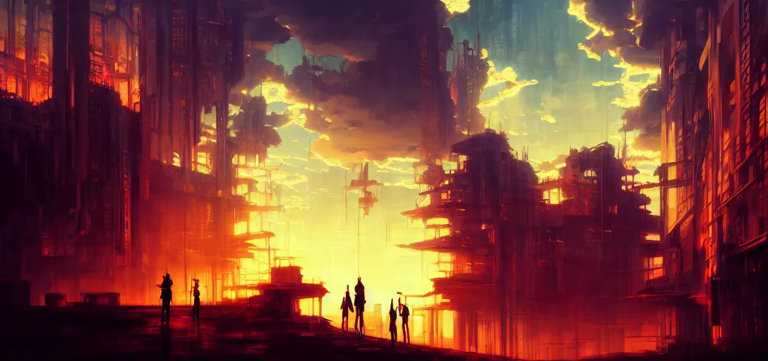 Prompt: baroque oil painting of anime key visual environment of a hell in a cyberpunk world, brutalist, dark fantasy, sunset, rule of thirds, digital cel shading, fake hidden detail, trending on pixiv fanbox, style of makoto shinkai studio ghibli jamie wyeth james gilleard greg rutkowski