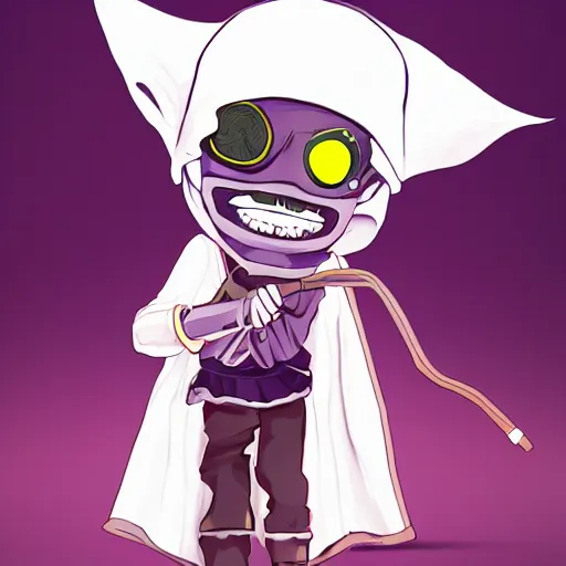 Prompt: cute little boy wearing an skull mask and dressed in an nun outfit in desert, purple color palette, artwork made in heikatsu art syle, inspired in made in abyss and hirohiko araki, ray tracing, soft details