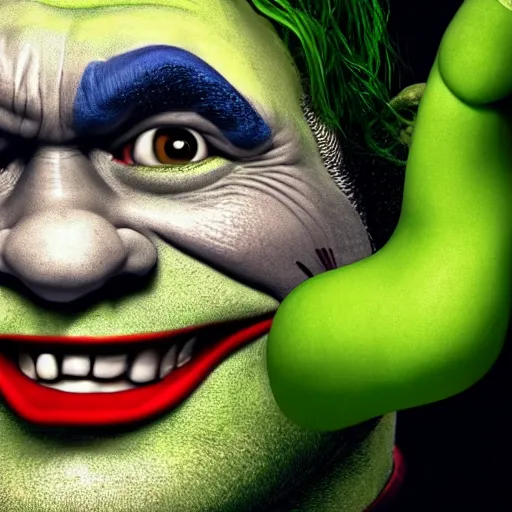 Image similar to shrek as the joker from the new batman film