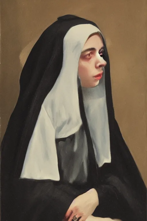 Prompt: Billie Eilish as a nun, painted by Robert Henri