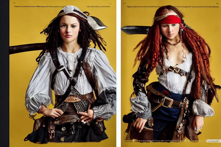 Image similar to a swashbuckling girl pirate portrait in national geographic, her clothing is sheer and futuristic