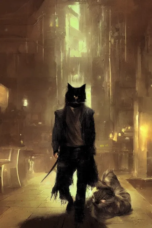 Prompt: of a gangster guy with the head of a british longhair cat in the night club, by greg rutkowski