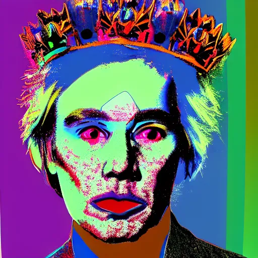 Image similar to An extremely psychedelic portrait of Andy Warhol wearing a crown, surreal, LSD, face, detailed, intricate, elegant, lithe, highly detailed, digital painting, artstation, concept art, smooth, sharp focus, illustration