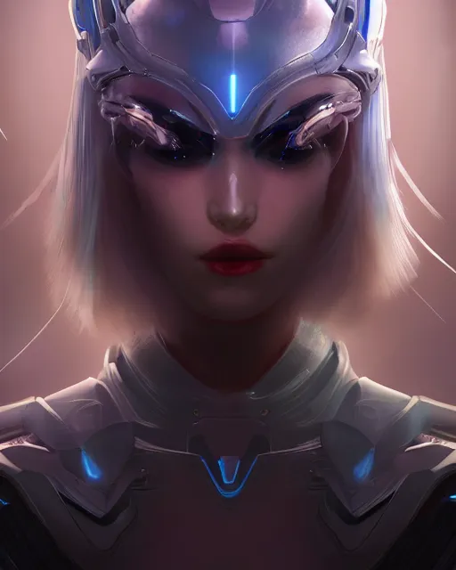 Image similar to perfect android girl, warframe armor, beautiful face, scifi, futuristic, galaxy, nebula, bae suzy, dreamy, long white hair, blue cyborg eyes, cinematic lighting, highly detailed, focused, artstation, divine, by gauthier leblanc, kazuya takahashi, huifeng huang, jama jurabaev