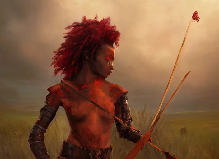 Image similar to landscape, portrait painting beautiful realism, an african girl red hair in wood armor, holding spear, who was sprawled out was about to rise, his face covered in blood. cinematic scene, good lighting, fine art, trending on artstation, smooth draw, sharp focus.