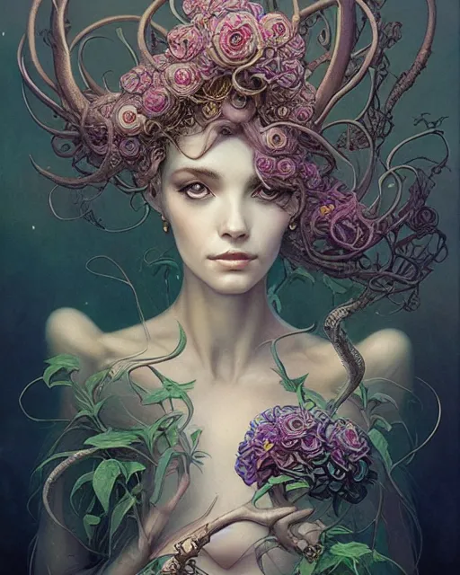 Prompt: a beautiful detailed front view portrait of a princess with ornate growing around, ornamentation, flowers, elegant, beautifully soft lit, by wayne barlowe, peter mohrbacher, kelly mckernan