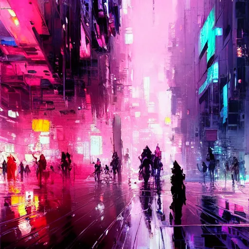 Image similar to acrylic painting, impressionism and expressionism, bold colors, expressive brushstrokes. a city street with pink flowers, cyberpunk art by wadim kashin, cgsociety, panfuturism, cityscape, dystopian art, anime aesthetic