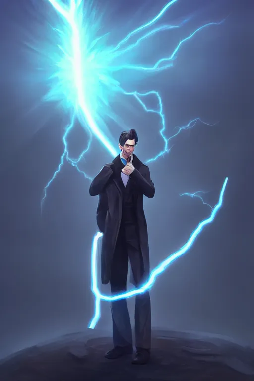 Prompt: nikola tesla, male, lightning, portrait, sharp focus, digital art, concept art, dynamic lighting, epic composition, subsurface scattering, trending on artstation, by emylie boivin 1. 0, rossdraws 2. 0