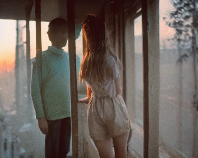 Image similar to lomo photo of pair standing on small hrushevka balcony full with cigarette smoke in small russian town at sunset, cinestill, bokeh