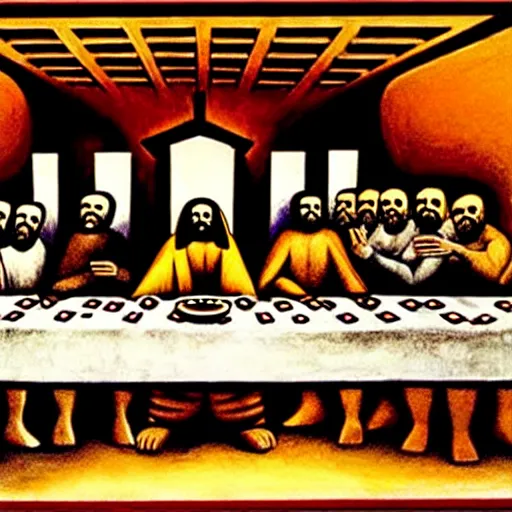 Image similar to the last supper painted by David Alfaro Siqueiros detailed, hyper-detailed, very realistic