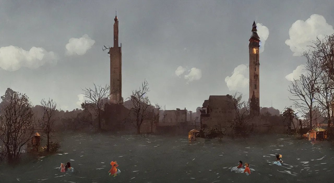 Prompt: single flooded tower, very coherent high contrast!! painting by simon stalenhag carl spitzweg rene magritte syd mead norman rockwell edward hopper james gilleard, dark shadows, sunny day, hard lighting, masterpiece