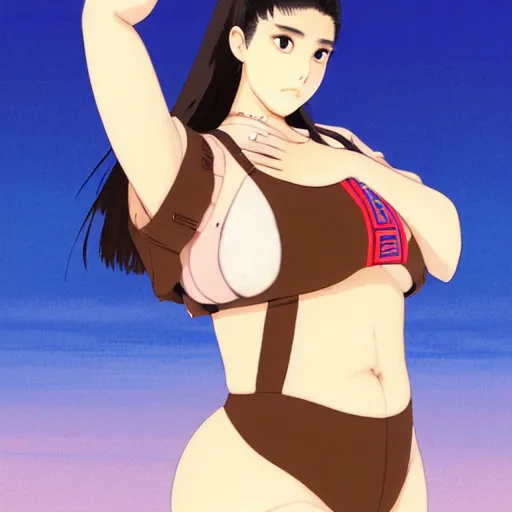 Image similar to a beautiful plus sized model japanese natalie portman, alluring plus sized model with brown skin, wearing mayan leotard with overalls, street fashion hip hop style with mayan patterns, aztec street fashion, gapmoe yandere grimdark, trending on pixiv fanbox, painted by greg rutkowski makoto shinkai takashi takeuchi studio ghibli, akihiko yoshida