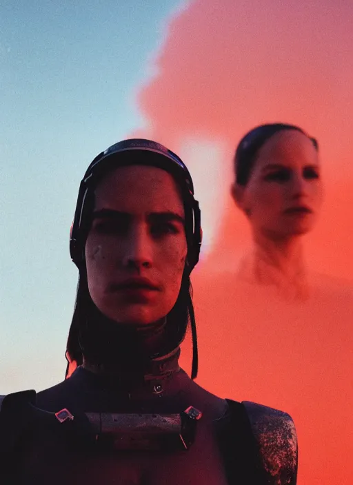 Image similar to cinestill 5 0 d photographic portrait of two loving ostentatious female androids wearing rugged black techwear on a desolate plain with a red sky, extreme closeup, cyberpunk style, garters, dust storm, 8 k, hd, high resolution, 3 5 mm, f / 3 2, ultra realistic faces, ex machina