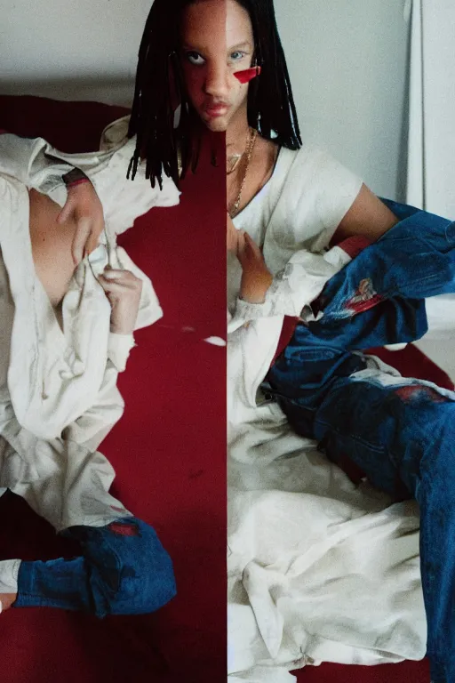Image similar to realistic! photoshoot for a new vetements lookbook, color film photography, portrait of a beautiful woman, location in a apartment, in style of tyler mitchell, 35mm