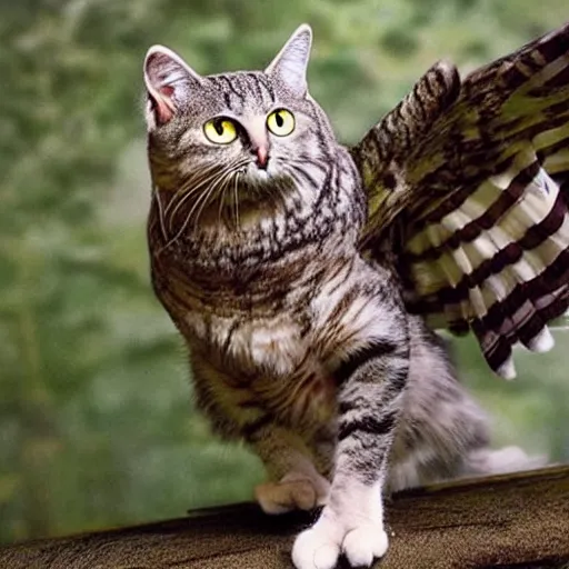 Prompt: cat and owl hybrid spreading wings