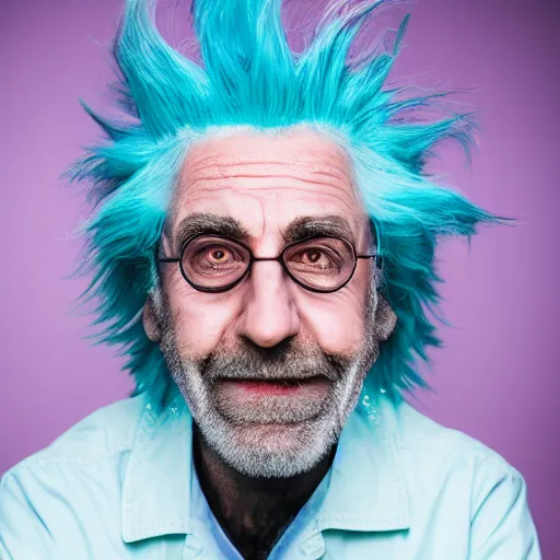 Image similar to portrait photo still of real life rick sanchez from rick and morty, blue hair, wild eyes, scientist outfit, 8 k, 8 5 mm f 1. 8