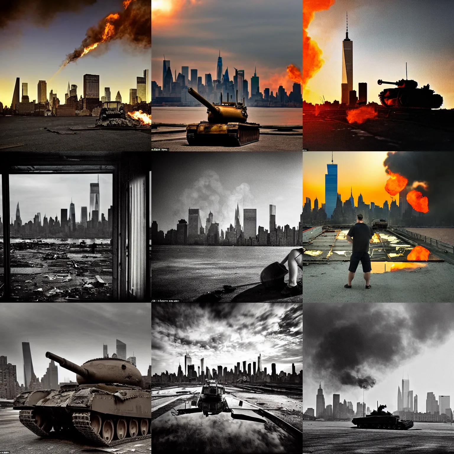 Image similar to destroyed tank in front of the new york skyline, smoking and burning, reflections, award winning photograph, sunset, desolate, atmospheric