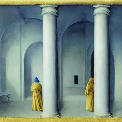 Image similar to procession of women in a blue and gold haunted liminal abandoned temple, watercolor by gottfried helnwein, by hammershøi, art noveau, highly detailed, lights by edward hopper, liminal, eerie, bright pastel colors