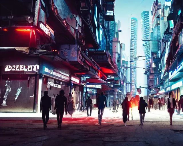 Image similar to front view of people walking down a cyberpunk street