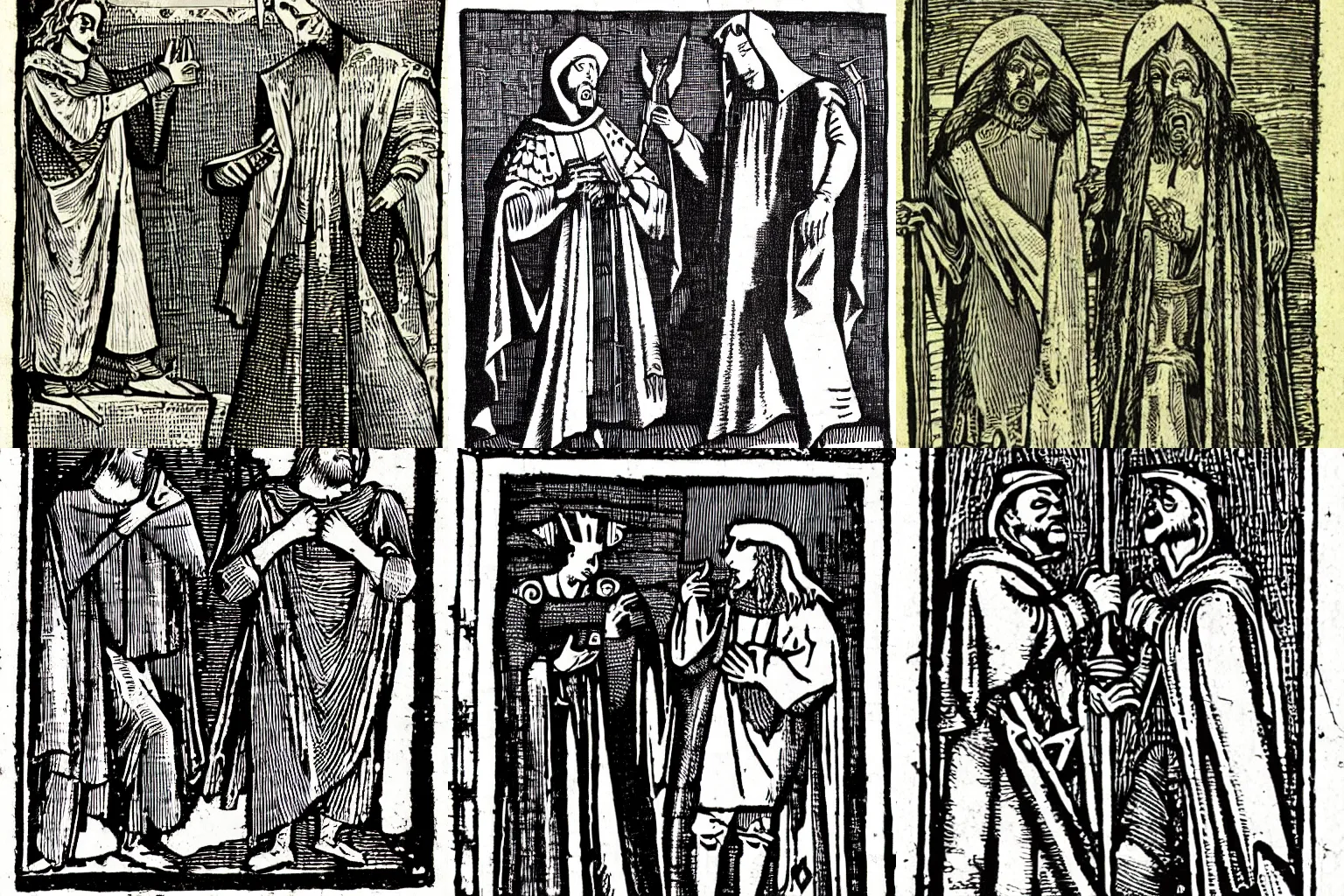 Prompt: medieval woodcut of Faust and Mephistopheles