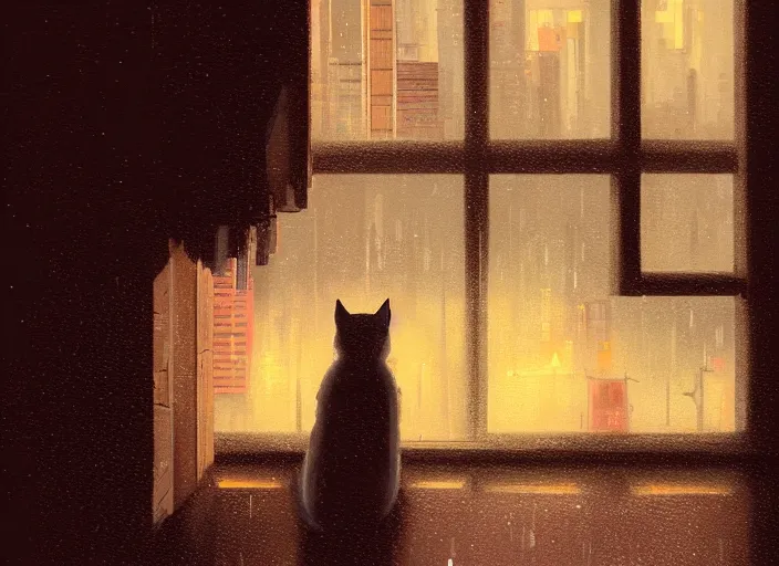 Image similar to back of cat sitting in front of a window looking out at a rainy cyberpunk city at night, cozy indoor lighting, greg rutkowski, alena aenami, artstation, detailed, digital painting