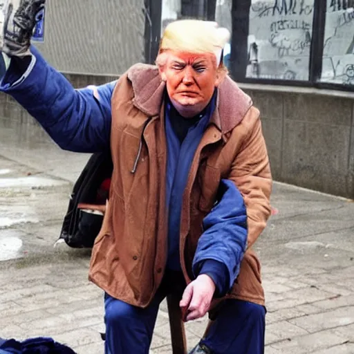 Image similar to donald trump dressed as a homeless man living in the slums