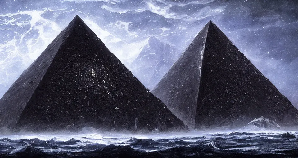 Image similar to black lovecraftian eldritch!! obsidian pyramid!! on a snowy island surrounded by still seas, with cosmic space in the background by eugene von guerard, ivan shishkin, cosmic space, concept art, trending on artstation, 8 k