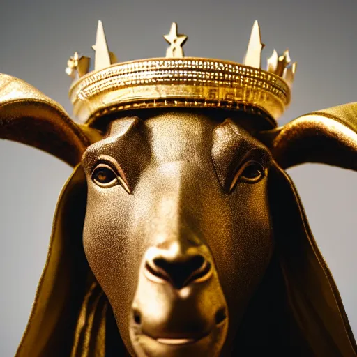 Image similar to Cinematic still of a sculpture of an anthropomorphic goat wearing a gold crown and royal robe, portrait, shallow depth of field, rap album cover