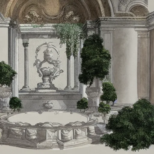 Image similar to delicate marble garden on paper, stony, puffy, botanical herbarium, botanic watercolors, iridescent, 8 k wide angle, realistic shaded, fine details, artstation, italian, colonnade, oak tree, hydrangea, gardena architecture, pompeii