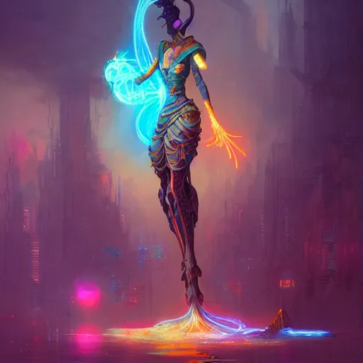 Image similar to the old mage casting, wizard staff, cyberpunk, bionics, augments, lights, cables, elegant gleaming intricate baroque jewellery, colorful, vivid, imposing, epic, digital painting, artstation, concept art, by peter mohrbacher and wlop and rhads,