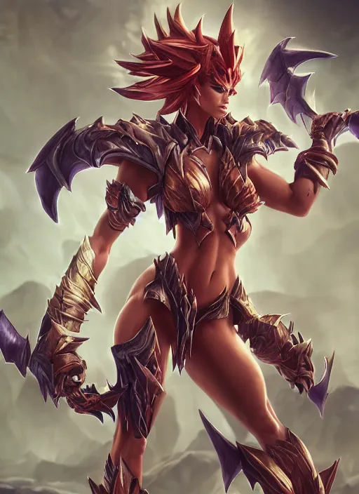 Prompt: angry shyvana, from league of legends, semi - dragon, light armor, natural lighting, hyper detailed, digital art, low angle, trending in artstation, cinematic lighting, studio quality, smooth render, unreal engine 5 rendered, octane rendered, art style by klimt and nixeu and ian sprigger and wlop and krenz cushart