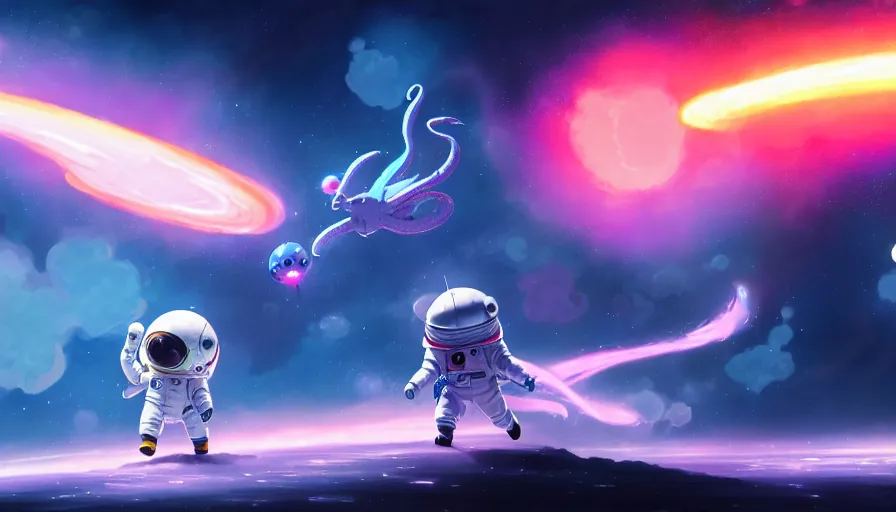 Image similar to a still of a cute kawaii astronaut android riding a large neon kaiju dragon, nebulous background of dynamic space, a dramatic composition by wlop and greg rutkowski and makoto shinkai and studio ghibli and kyoto animation cute bubbly clothing, highly detailed, digital painting, matte
