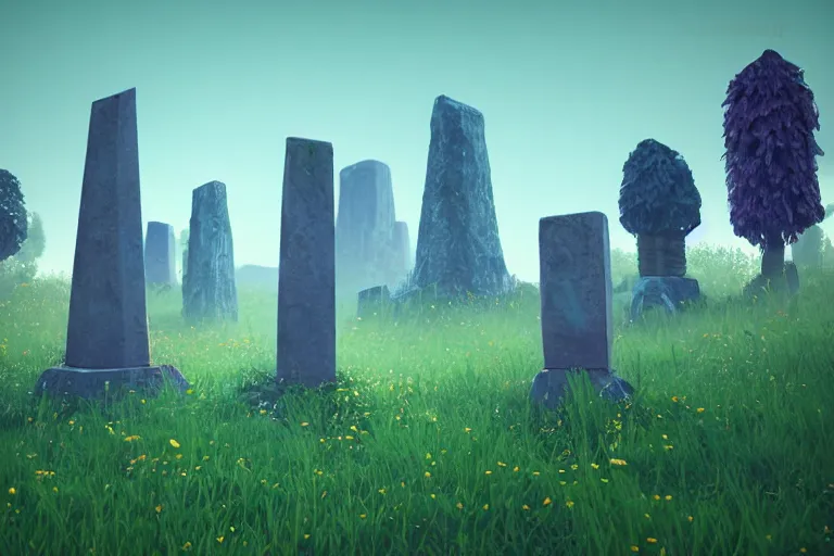 Prompt: super detailed color lowpoly art, overgrown mystical meadow with numerous trees, ancient stone obelisks with subtle glowing runes, unreal engine, analogous retrowave color palette, 3 d render, lowpoly, colorful, digital art, perspective