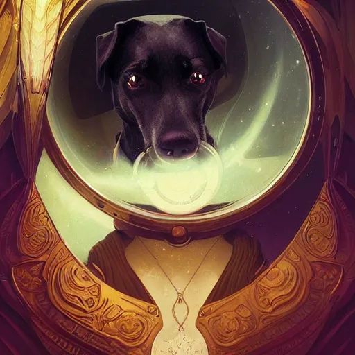 Image similar to Portrait of dog in space, dark fantasy, intricate, elegant, highly detailed, digital painting, artstation, concept art, smooth, sharp focus, illustration, art by Sam Youn and Fernanda Suarez and Artem Demura and alphonse mucha