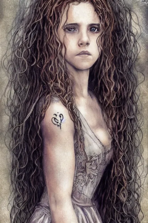 Image similar to dressed Hermione Granger in tattoos, by luis royo, beautiful gown, beautiful eyes, Beautiful face, by Aggi Erguna, high detail, high resolution