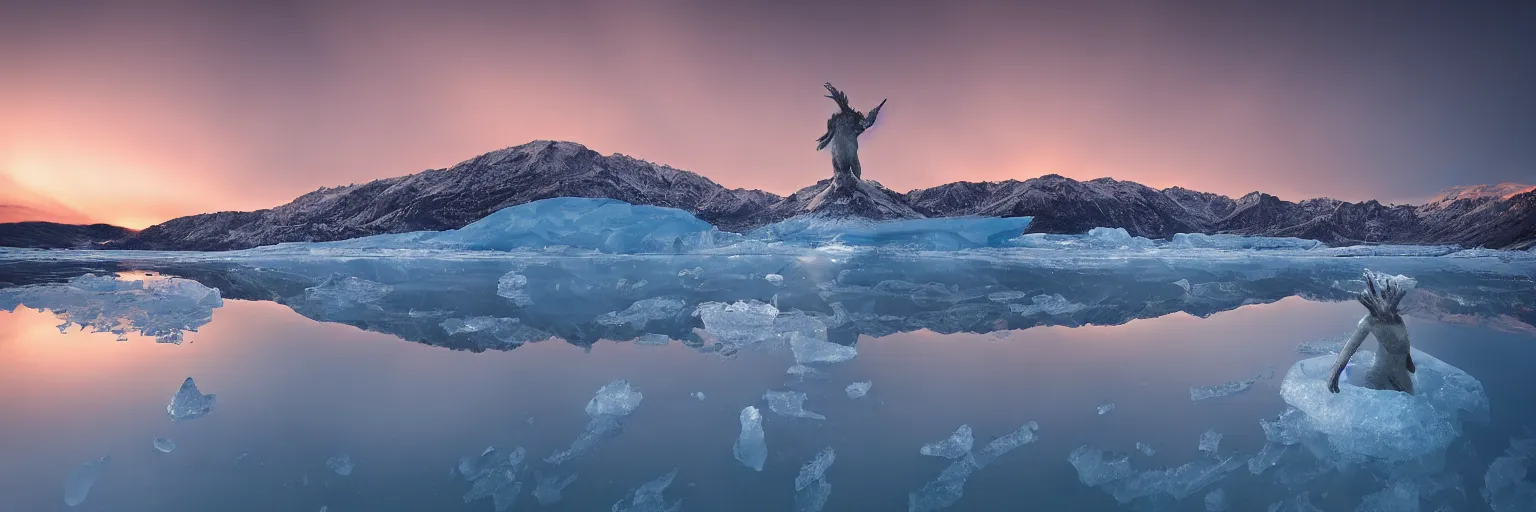 Image similar to photo of a Frozen Human Giant stuck under the ice transparent frozen lake at sunset by marc adamus beautiful dramatic lighting