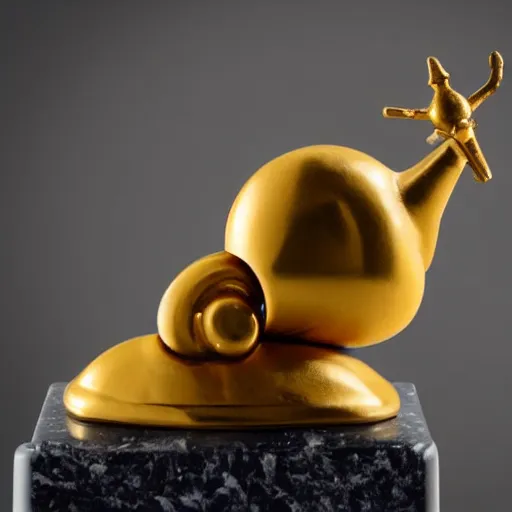 Image similar to golden snail award trophy on top of a marble pillar, white background, soft lighting