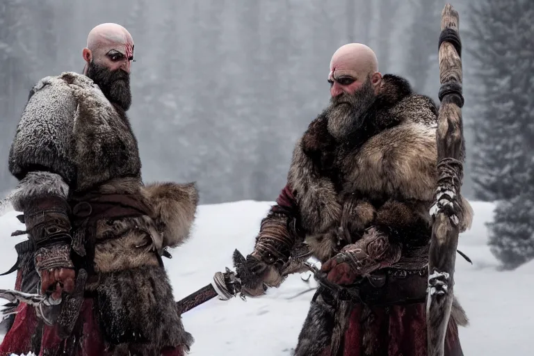 Image similar to vfx movie tough bald man in furs, natural grizzled skin, streaks of red face paint grey beard, dual wielding detailed viking war axes, in snowy tahoe, god of war by emmanuel lubezki