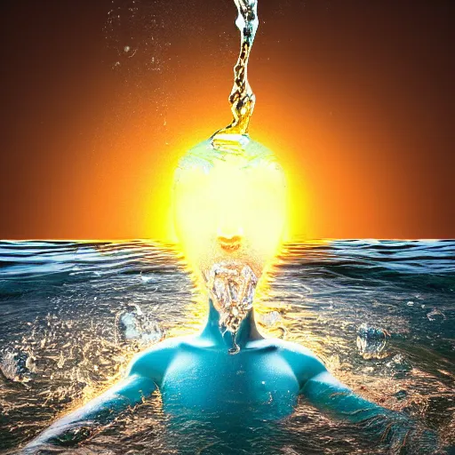 Prompt: spillin water creating a human head out of water, on the ocean water, ray tracing, realistic water sharp focus, long shot, 8 k resolution, cinematic, amazing water art