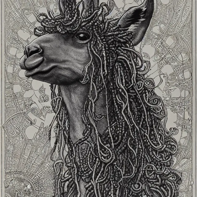 Image similar to llama with dreadlocks, detailed, by ernst haeckel, james jean, mandy jurgens, alphonse mucha, maxfield parrish