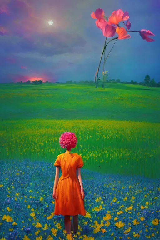 Image similar to closeup, giant flower head, girl standing in a field of flowers, surreal photography, sunrise, blue sky, dramatic light, impressionist painting, digital painting, artstation, simon stalenhag