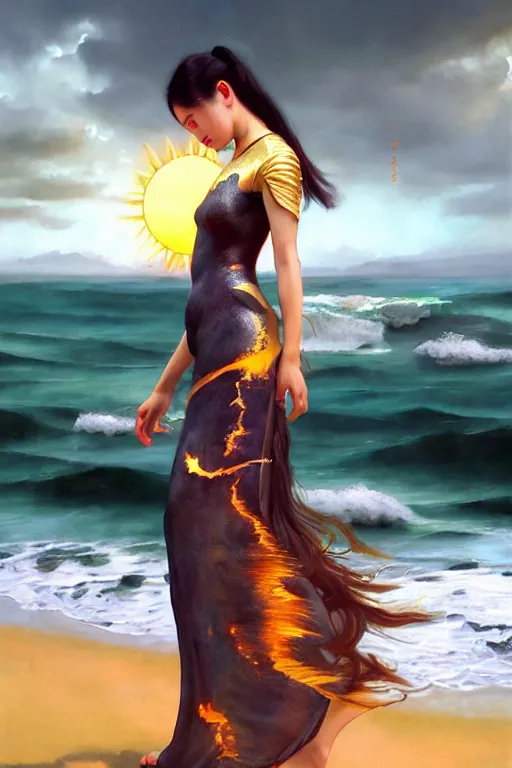 Image similar to ! dream photorealistic long shot of a dark mystical goddess wearing a qipao dress, big sun rough sea and jagged rocks, nets, plastic bottles, garbage, sand and sea, golden hour, ao dai, environmental, fantasy, atmospheric, hyper realistic, artstation, art by artgerm, andres rodriguez and john william waterhouse