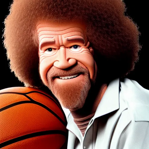 Prompt: bob ross with a basketball for hair, photo, 8 k