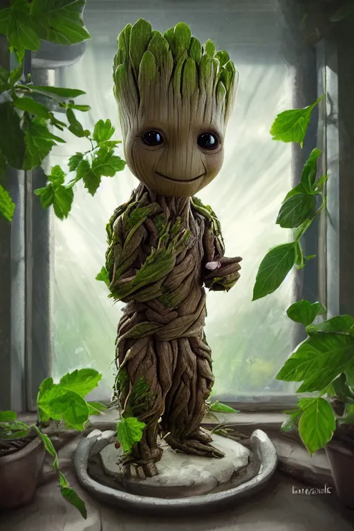 Prompt: small chubby groot - like creature, mandrake!! leaves!!! on a head, in the porcelain pot!!! roots, herbology, on the table!!! in greenhouse!!!, in ray of light from the window, digital art, render, blender, matte painting, by levitan, by kinkade, by artgerm