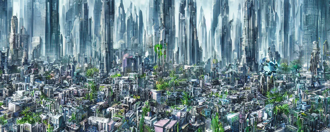 Image similar to close up skyline a futuristic yet traditional metropolis city in a utopia, matte painting, digital painting, intricate, small details, national geographic cover, award winning, 4 k, botanical garden, lush, bright, clear, smooth,