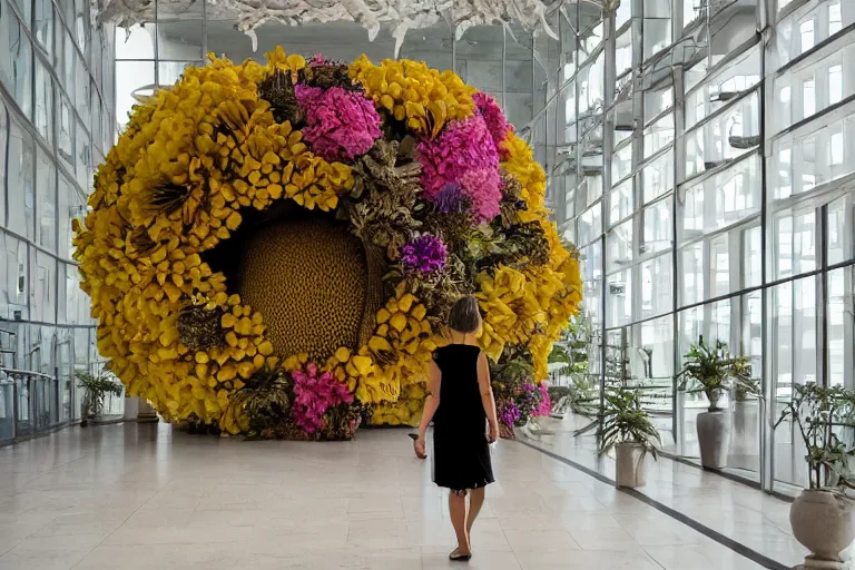 Prompt: giant flower head, girl walking in hotel, surreal, symmetry, flat space, fanciful, stark colours, detailed, wes anderson