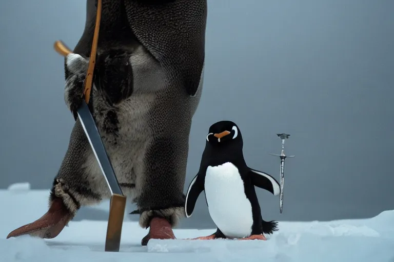 Prompt: movie scene closeup penguin wearing fishbone armor holding a katana sword in a lush arctic. by emmanuel lubezki